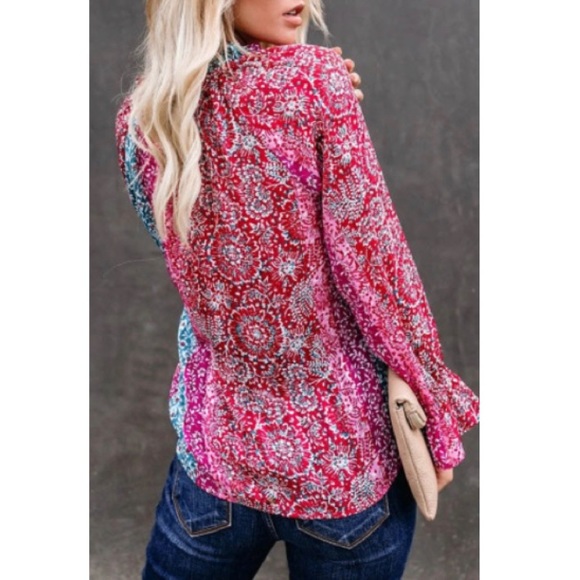 Women Pink Floral Split Neck Printed Boho Blouse - Picture 2 of 7